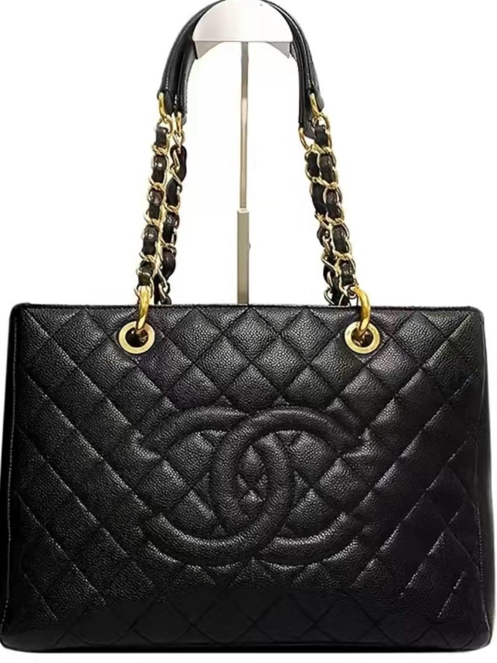 CHANEL Black caviar GST Leather Shoulder Tote Bag with Gold Chain Straps